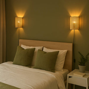 Aplique de pared de mimbre "BERGIN" - E27 - Interruptor y enchufe - Barcelona Led-Decoración