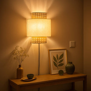 Aplique de pared de mimbre y tela "HANS" - E27 - Interruptor y enchufe - Barcelona Led-Decoración