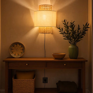 Aplique de pared de mimbre y tela "HANS" - E27 - Interruptor y enchufe - Barcelona Led-Decoración