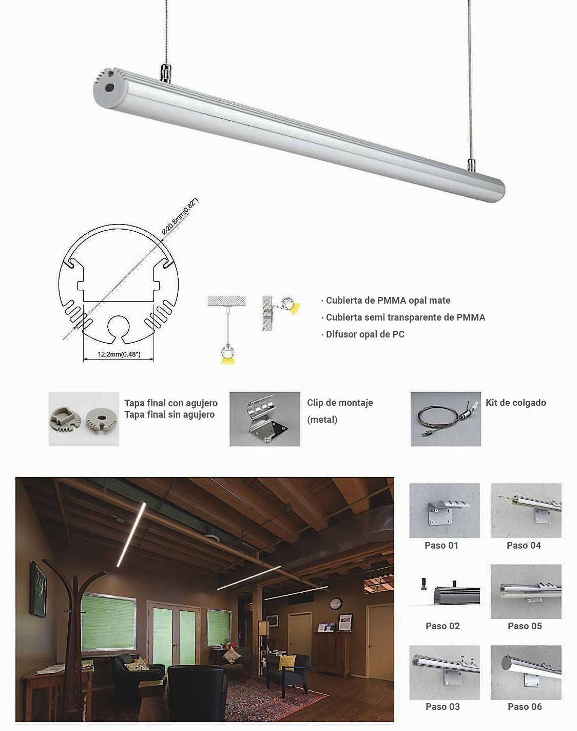 Perfil para tira LED de colgar o superficie - ø 21mm - 2metros (1)