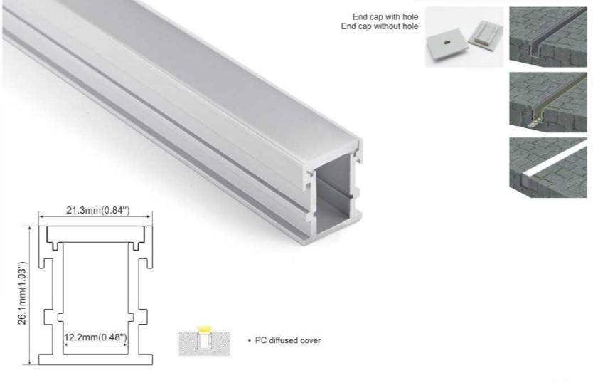 Perfil de aluminio para tira LED empotrable en suelo 21x26mm IP54 (2metros)