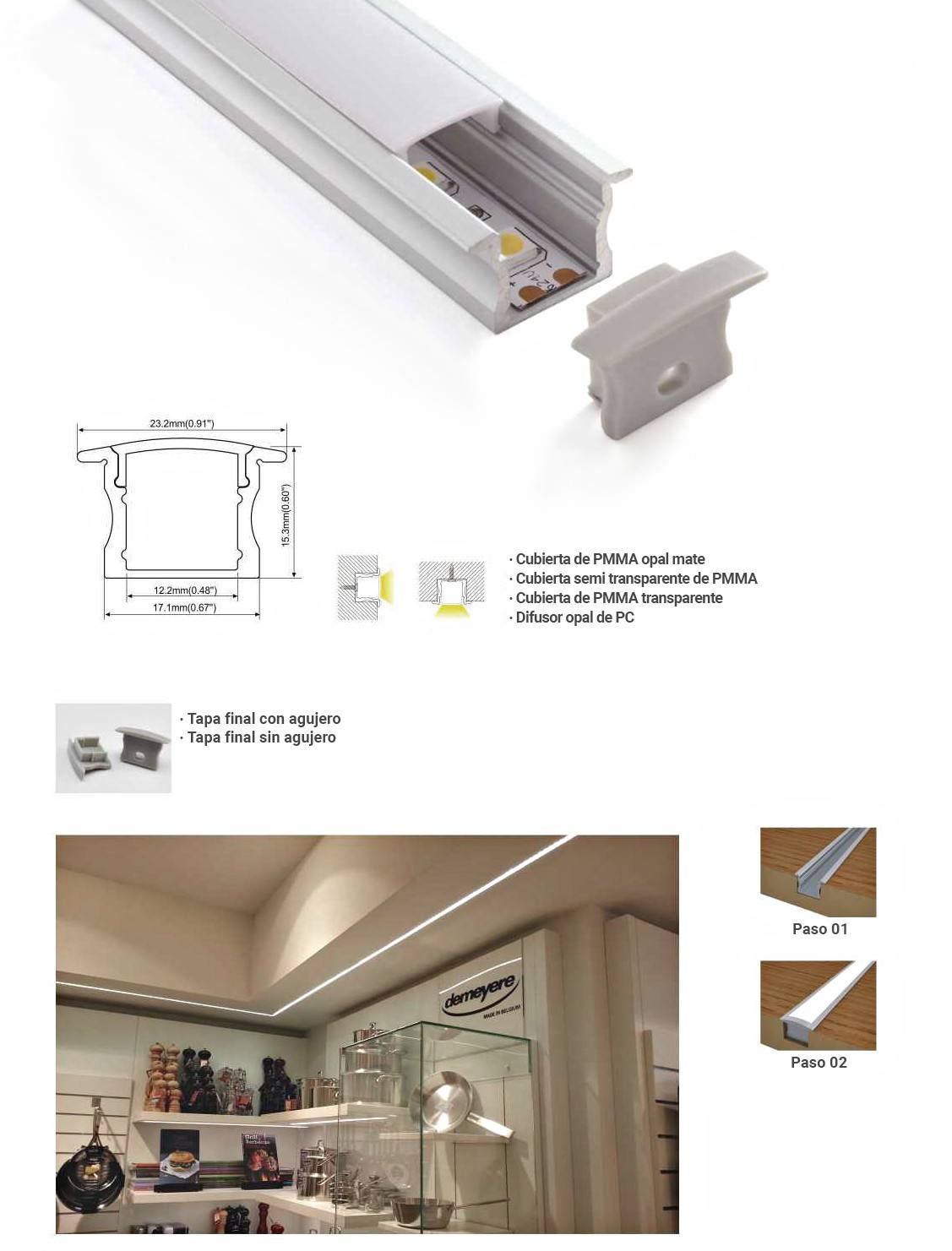 Perfil de aluminio para tira LED empotrable 23x15mm (2 metros)