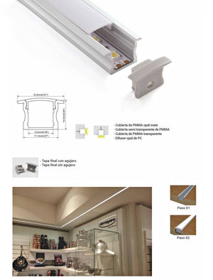 Perfil de aluminio para tira LED empotrable 23x15mm (2 metros)