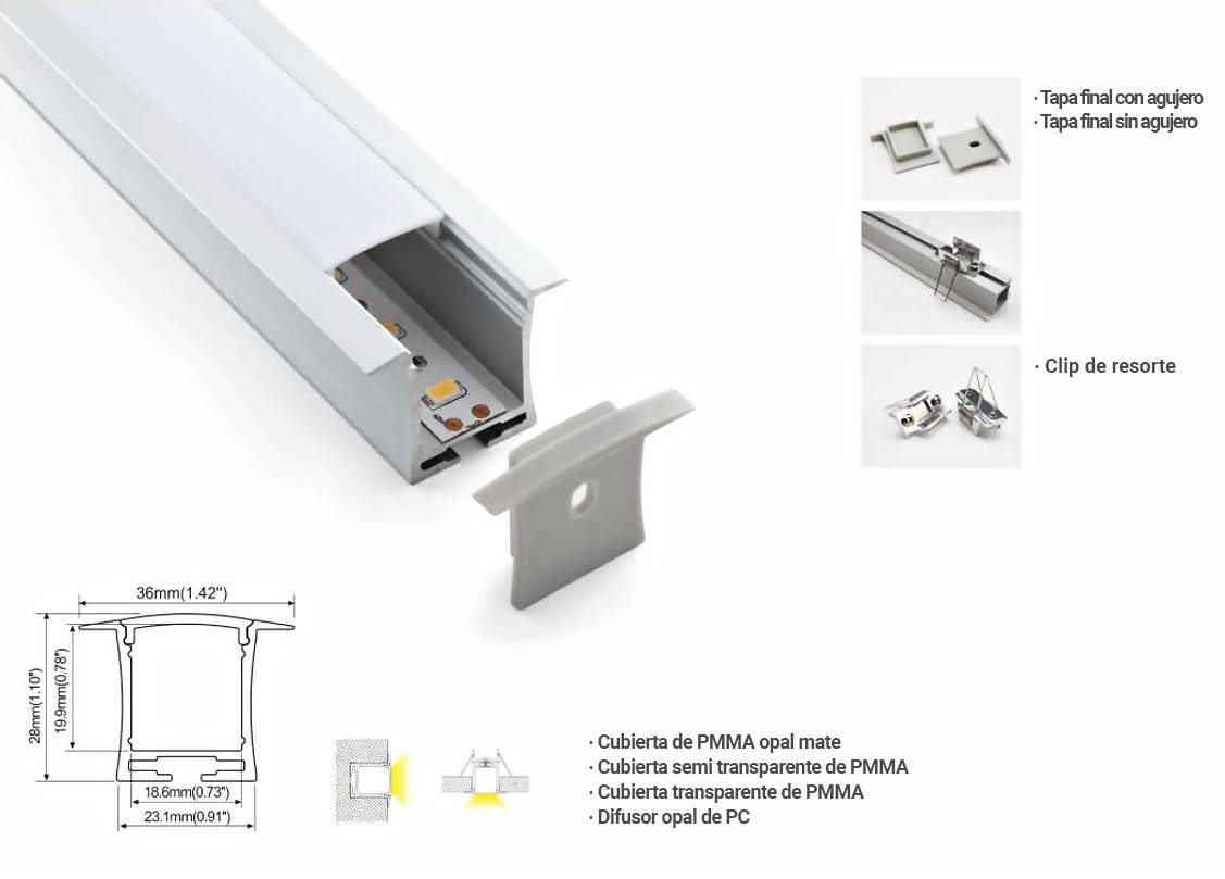 Perfil de aluminio para tira LED empotrable 36x28mm (2metros) - Barcelona Led-