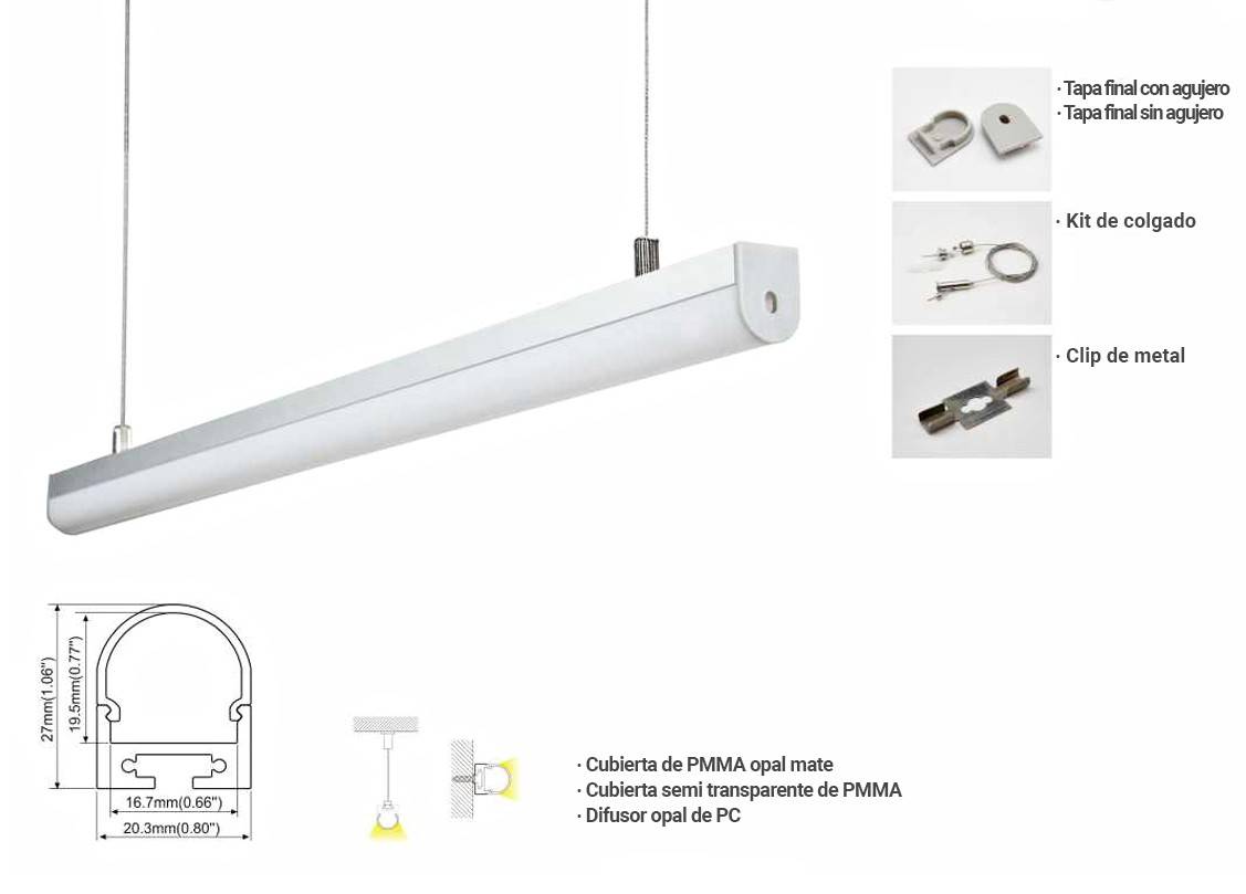 Perfil para tira led de suspensión o superficie 20x27mm (2metros) (1)