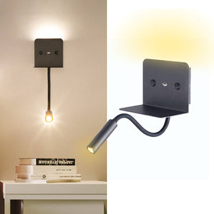 Aplique de pared LED para lectura "SLANGE" 3W + 6W orientable y base de carga USB - Barcelona Led-Decoración