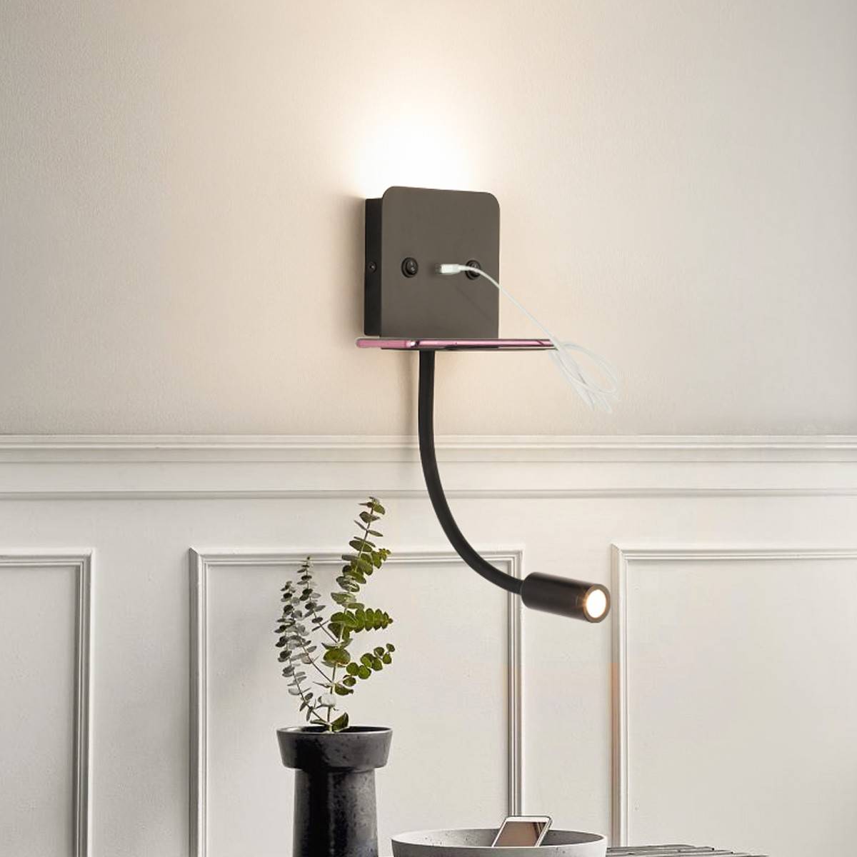 Aplique de pared LED para lectura "SLANGE" 3W + 6W orientable y base de carga USB - Barcelona Led-Decoración