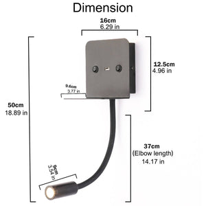 Aplique de pared LED para lectura "SLANGE" 3W + 6W orientable y base de carga USB - Barcelona Led-Decoración