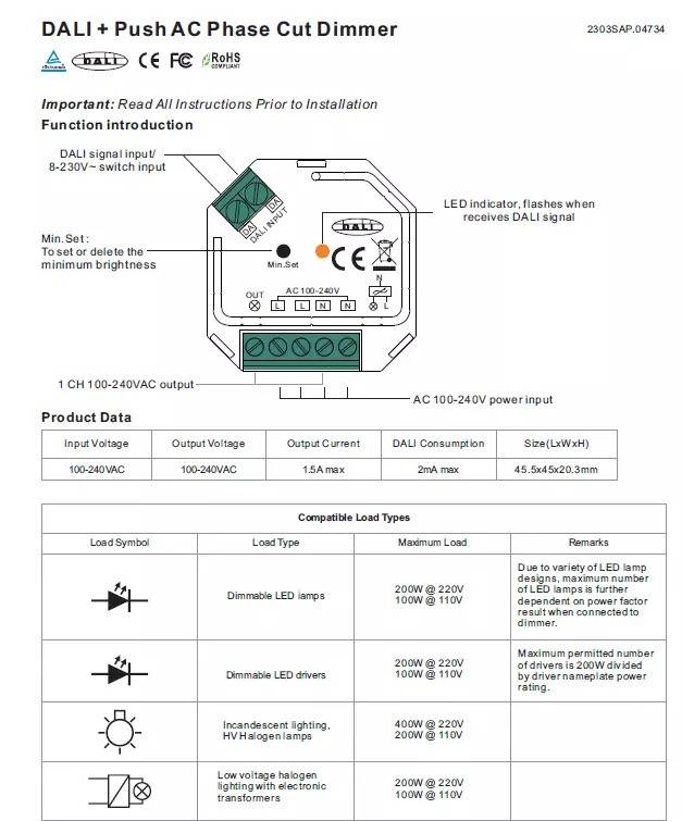 Controlador monocolor DALI y PUSH Dimmer - 400W - 1 canal - 100-240V AC - Sunricher (1)
