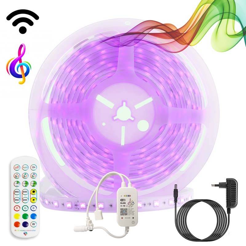 Kit tira LED musical RGB WiFi Alexa/Google Home con fuente, mando y controlador 5 metros