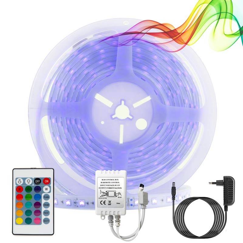 Kit tira LED RGB 5m con fuente, mando y controlador compatible 12V y 24V
