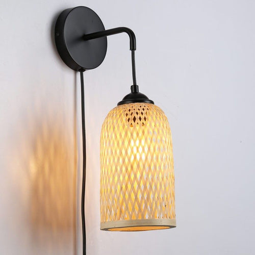 Wicker wall sconce with plug