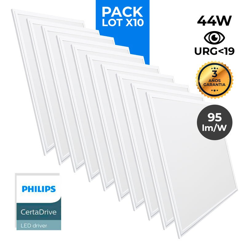 Pack de 10 paneles LED slim 60X60 cm - Driver Philips - 44W - UGR19 - IP40