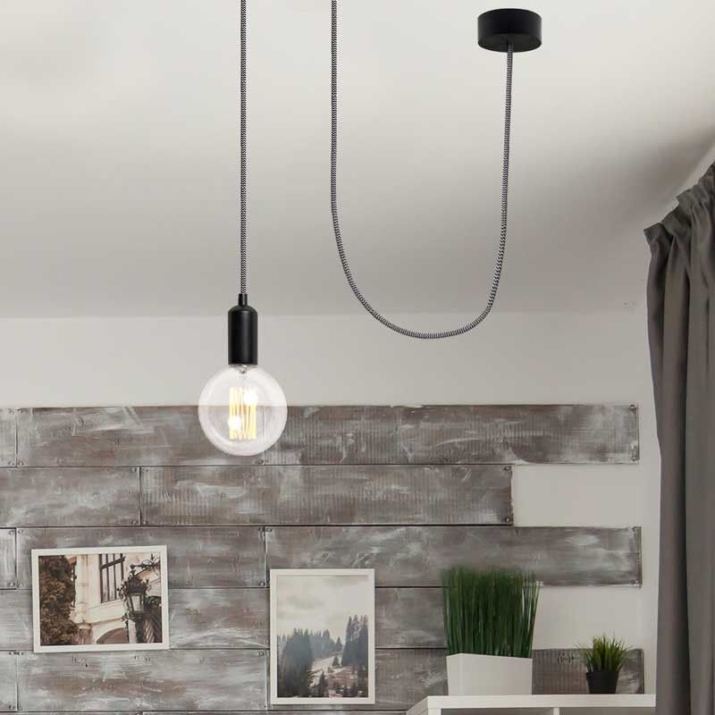 Cable Eléctrico Redondo Recubierto en tejido Efecto Seda ZigZag, Blanco & Negro (1)