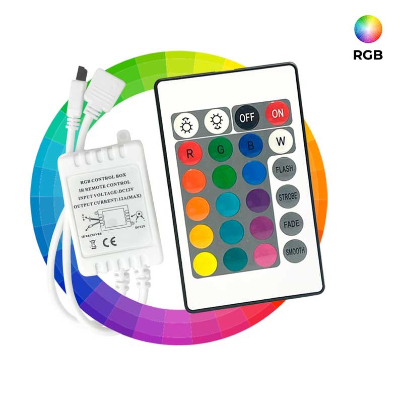 Controlador Tira LED RGB 2 Amp por canal, Control Remoto IR 24 Teclas