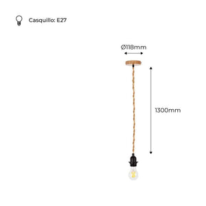 Lámpara colgante de madera y cuerda para bombilla E27 130cm (7)