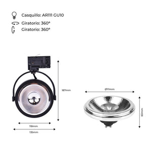 Pack Foco LED de carril trifásico + Bombilla LED AR111 GU10 (25)