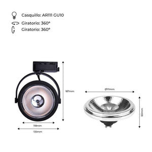 Pack Foco LED de carril monofásico + Bombilla LED AR111 GU10 - Barcelona Led-