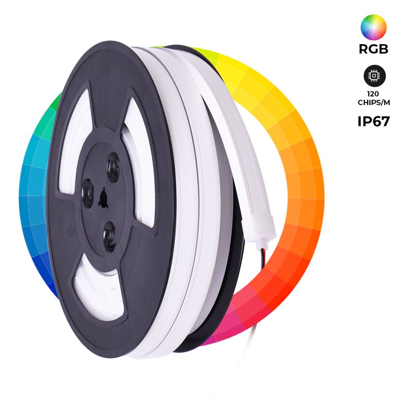 Neón LED flexible RGB 24V DC - 10X18mm - 10 metros - Kit completo - 11W/m - IP67 - Curvatura lateral