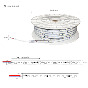 Tira LED 220V - 950W (6000xSMD2835) 12mm - IP67 - Rollo 50 metros - Corte cada 10cm - Barcelona Led-