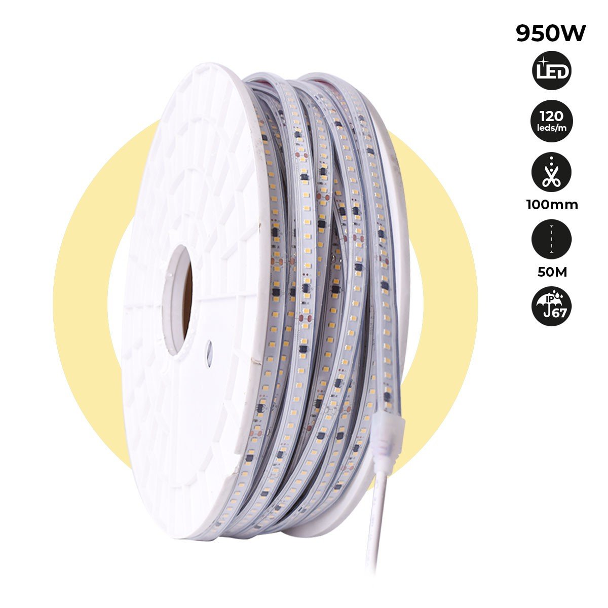 Tira LED 220V - 950W (6000xSMD2835) 12mm - IP67 - Rollo 50 metros - Corte cada 10cm - Barcelona Led-