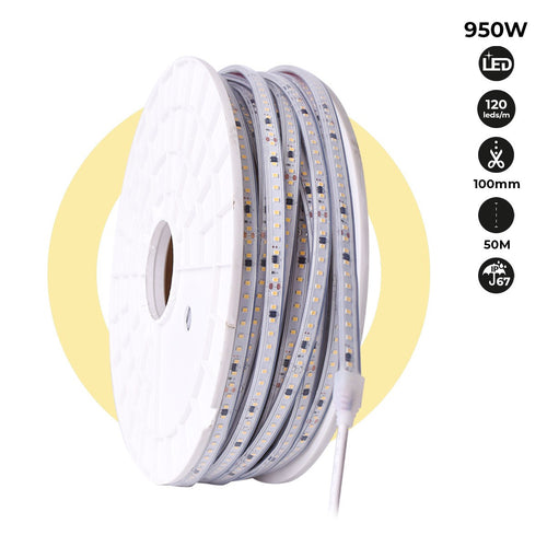 Fita LED 220V - 950W (6000xSMD2835) 12mm - Apta exterior: IP67 - Rolo 50 metros - Corte a cada 10cm