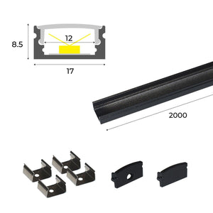 Perfil de aluminio para tira LED con difusor - 4 grapas - 2 tapas - 17x8mm - 2 metros - Barcelona Led-