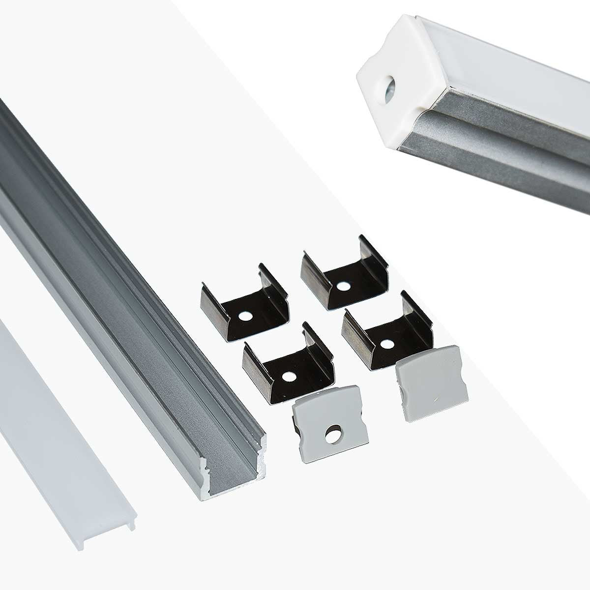 Perfil de aluminio para tira LED con difusor - 4 grapas - 2 tapas - 17x15mm - 2 metros