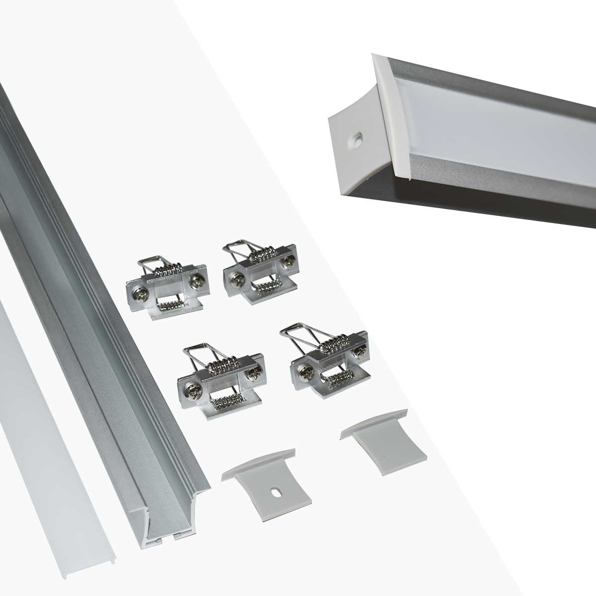Perfil de aluminio empotrable para tira LED con difusor- 4 clips - 2 tapas - 36x28mm - 2 metros
