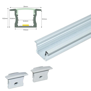 Perfil de aluminio empotrable para tira LED con difusor - 2 tapas - 23x15mm - 2 metros - Barcelona Led-