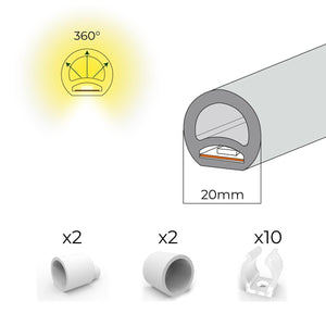 Neón LED flexible circular - 24V DC - Instalación sobre superficie - Ø20mm - 5 metros - 13W/m - Kit completo - IP67 - Barcelona Led-