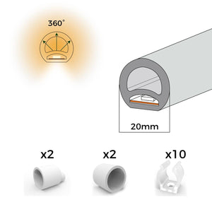 Neón LED flexible circular - 24V DC - Instalación sobre superficie - Ø20mm - 5 metros - 13W/m - Kit completo - IP67 - Barcelona Led-