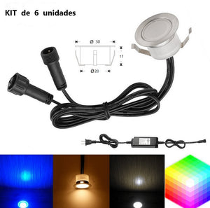 Kit 6 focos LED empotrables en suelo 0,3W 12V-DC IP67 - Barcelona Led-