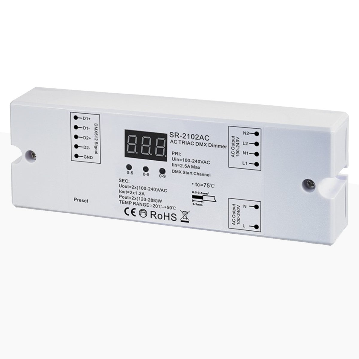 Controlador monocolor AC TRIAC - DMX Dimmer - 2 canales 1,2A/ch - 100-240V - Sunricher
