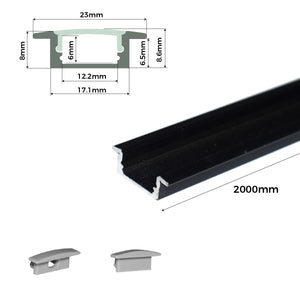 Perfil de aluminio empotrable para tira LED con difusor - 2 tapas - 23x8mm - 2 metros (24)