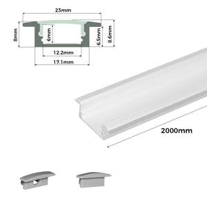 Perfil de aluminio empotrable para tira LED con difusor - 2 tapas - 23x8mm - 2 metros (25)