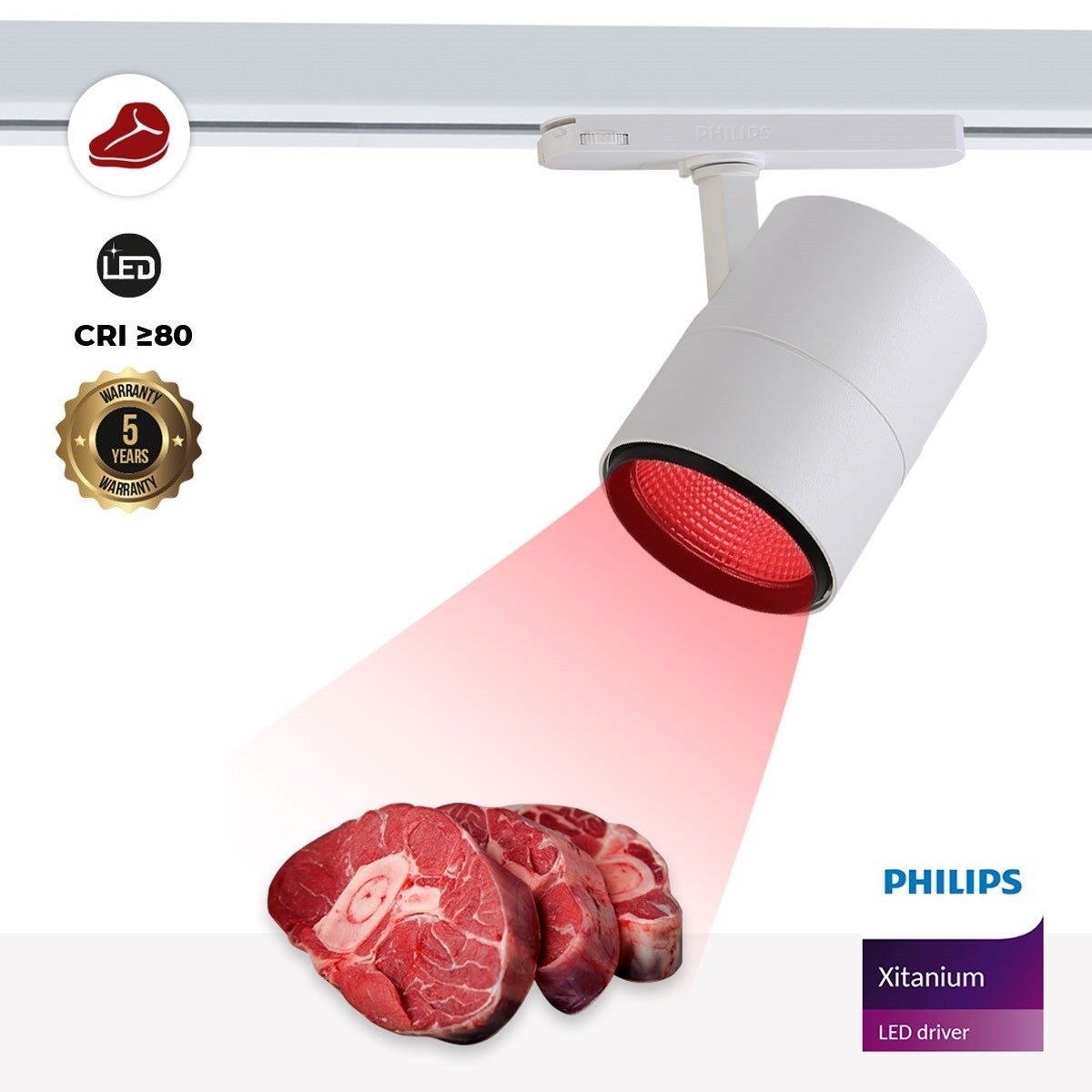 Foco LED para carril trifásico especial para carnicerías - Driver integrado Philips Xitanium- LED COB - 40W - Barcelona Led-