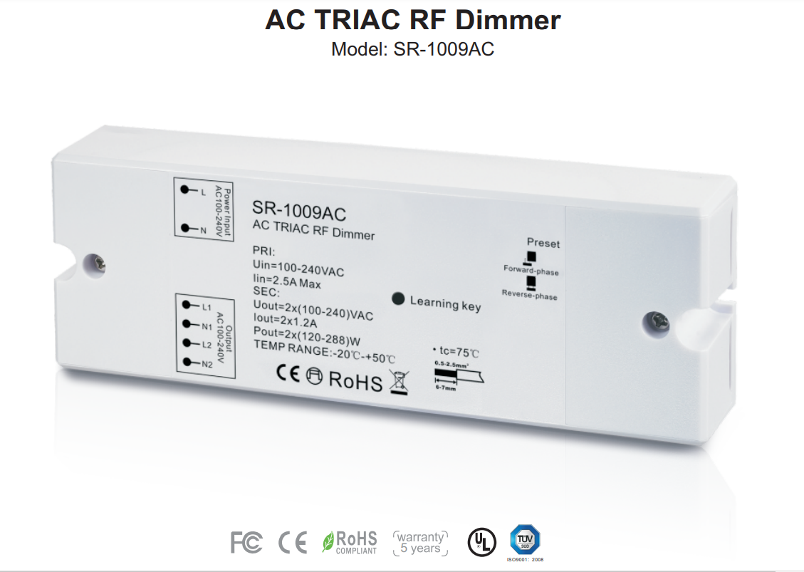 Controlador monocolor dimable - AC TRIAC RF Dimmer - 2 canales 1,2A/ch - 100-240VAC Sunricher - Perfect RF (1)