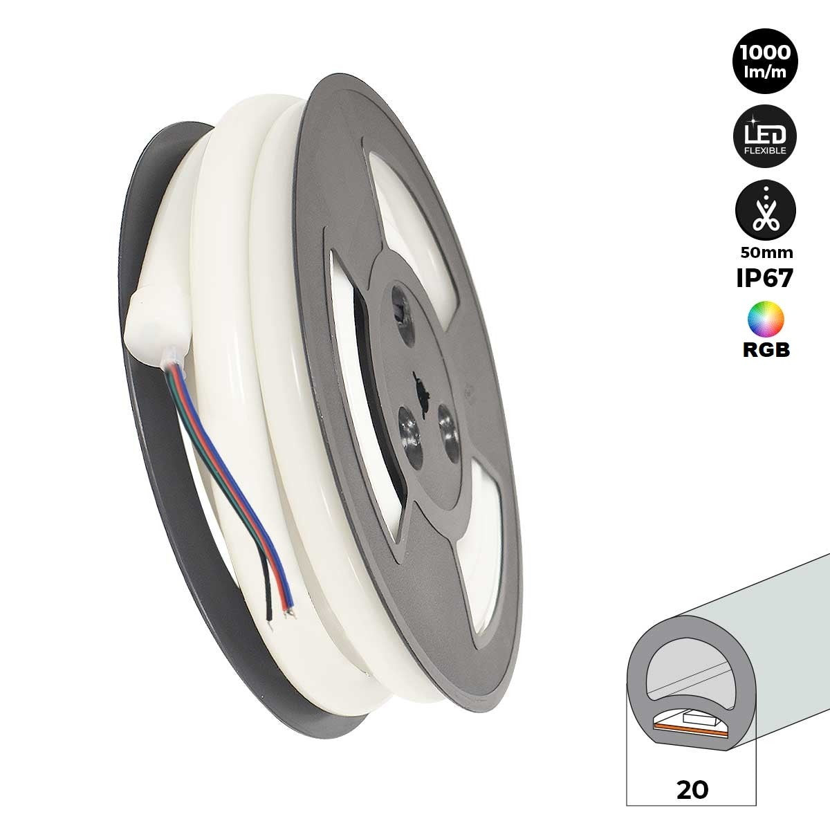 Neón LED flexible circular RGB - 24 V - Instalación sobre superficie - Ø20mm - 5 metros - 22W/m - Kit completo - IP67
