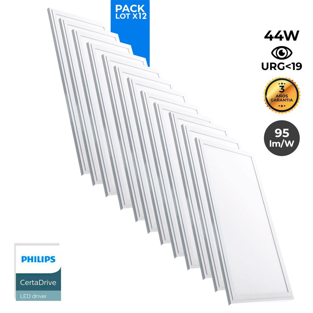 Pack de 12 paneles LED slim 120X30 cm - Driver Philips - 44W - UGR19 - IP40