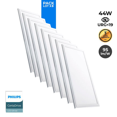 Pack de 8 paneles LED slim 120X30 cm - Driver Philips - 44W - UGR19 - IP40