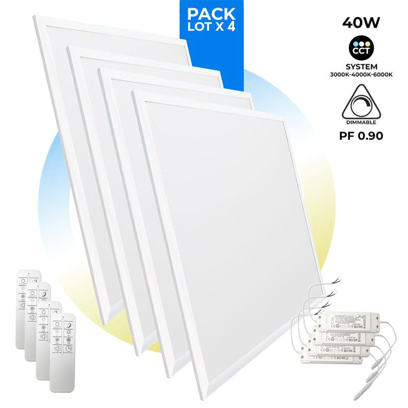 Pack de 4 paneles LED slim CCT regulable con mando - 60x60cm - 40W