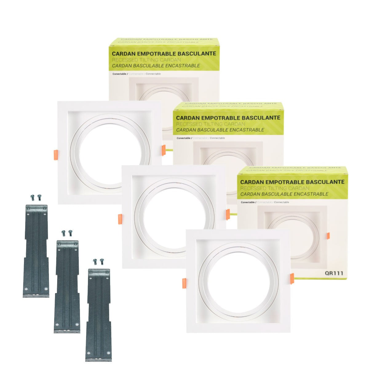 Pack x 3 - Aro downlight cuadrado tipo cardan para bombilla QR111 o AR111 - Corte 155 x 155 mm