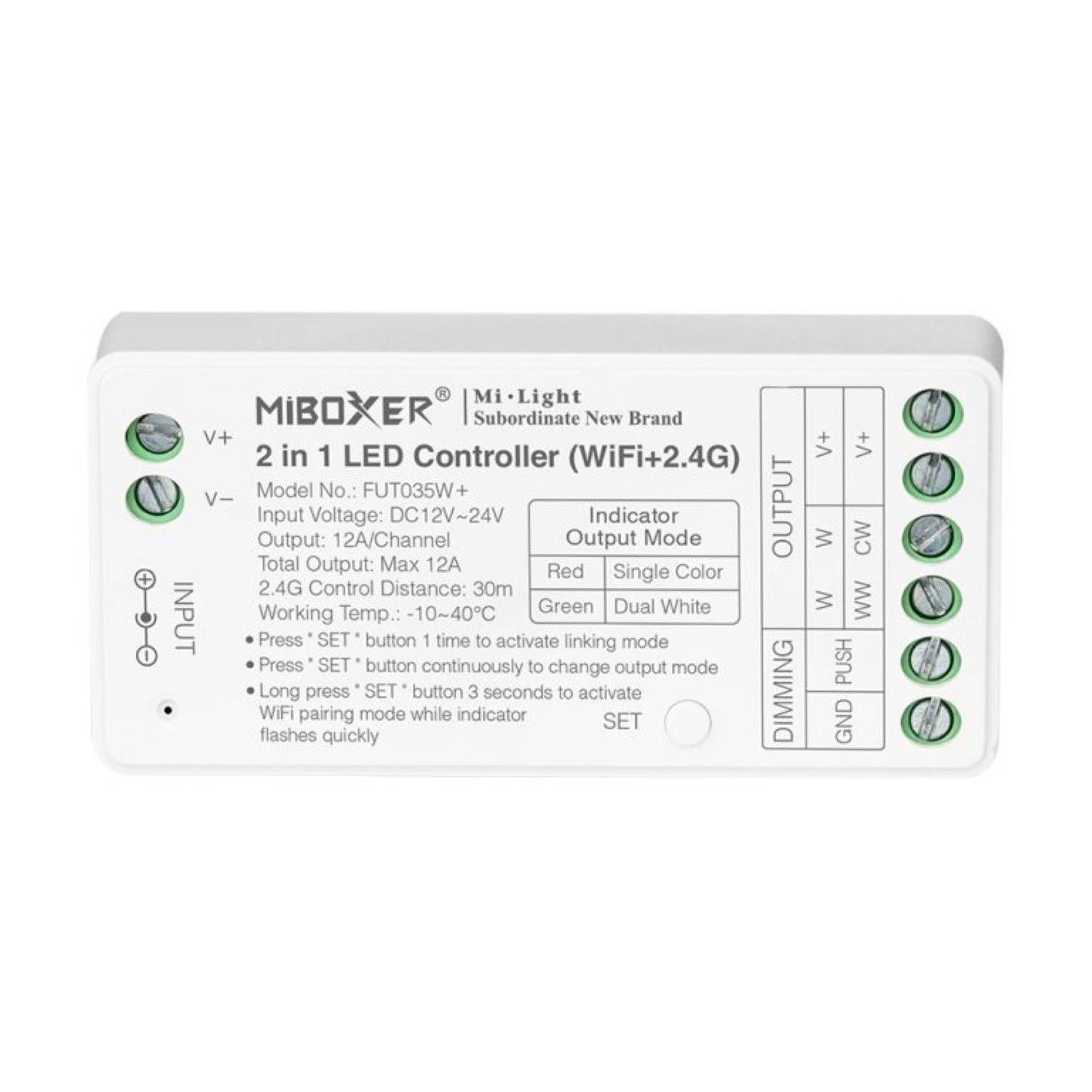 Controlador tira LED 2 en 1- Monocolor - Dual White - 12/24V DC - 2.4G - WiFi - MiBoxer - FUT035W+