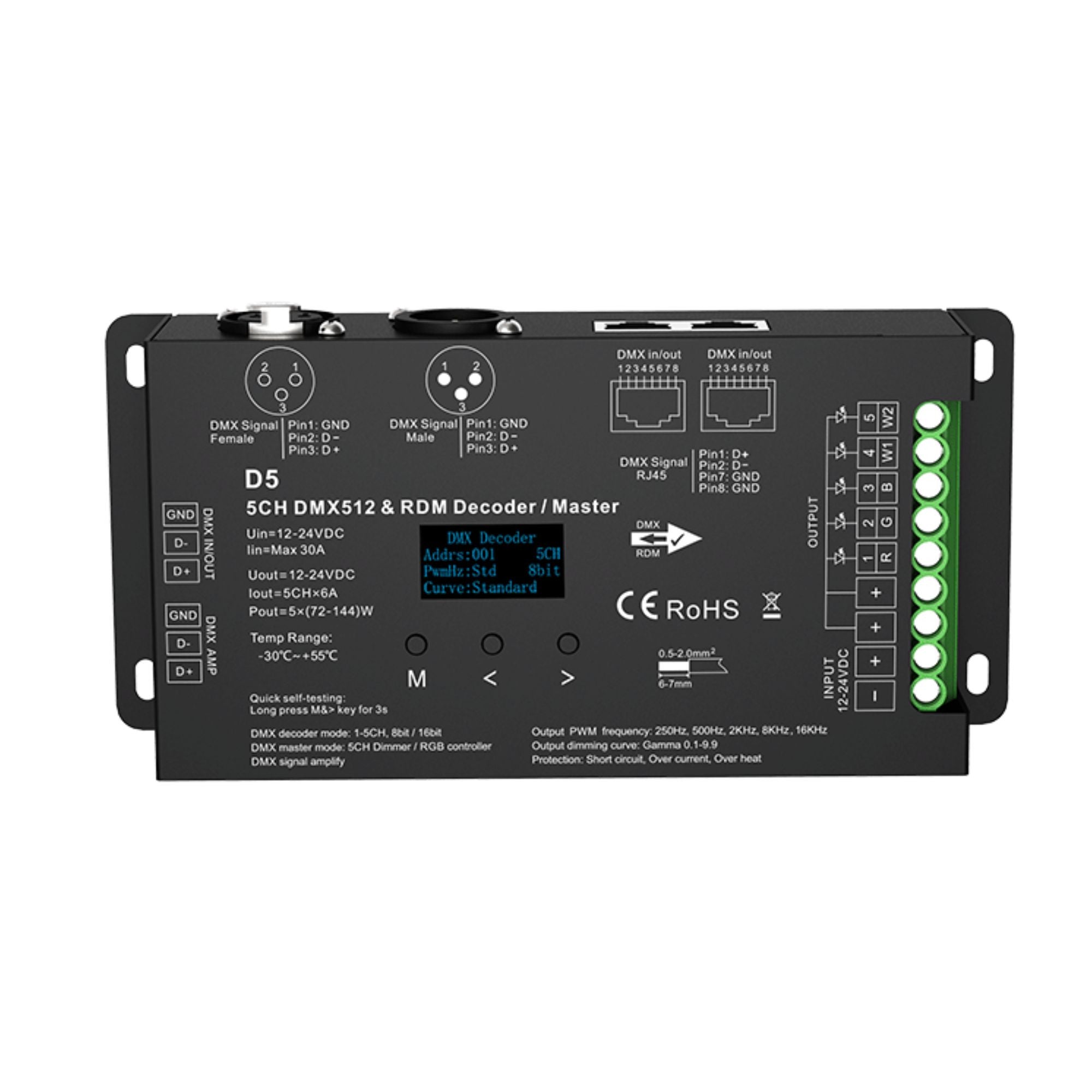 Decodificador DMX512 12-24V DC - 6A/ canal - 5 Canales - Pantalla OLED