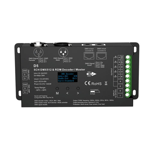 DMX512 Decoder 12-24V DC - 6A/channel - 5 Channels - OLED Display