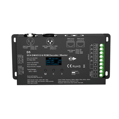 DMX512 Decoder 12-24V DC - 6A/channel - 5 Channels - OLED Display