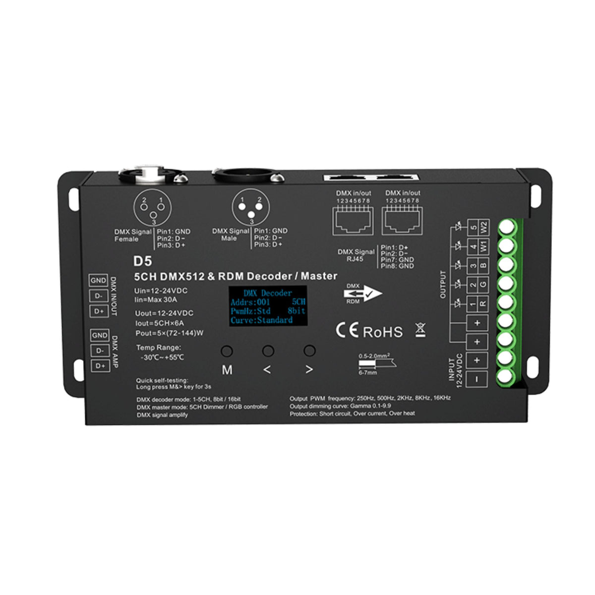 Decodificador DMX512 12-24V DC - 6A/ canal - 5 Canales - Pantalla OLED