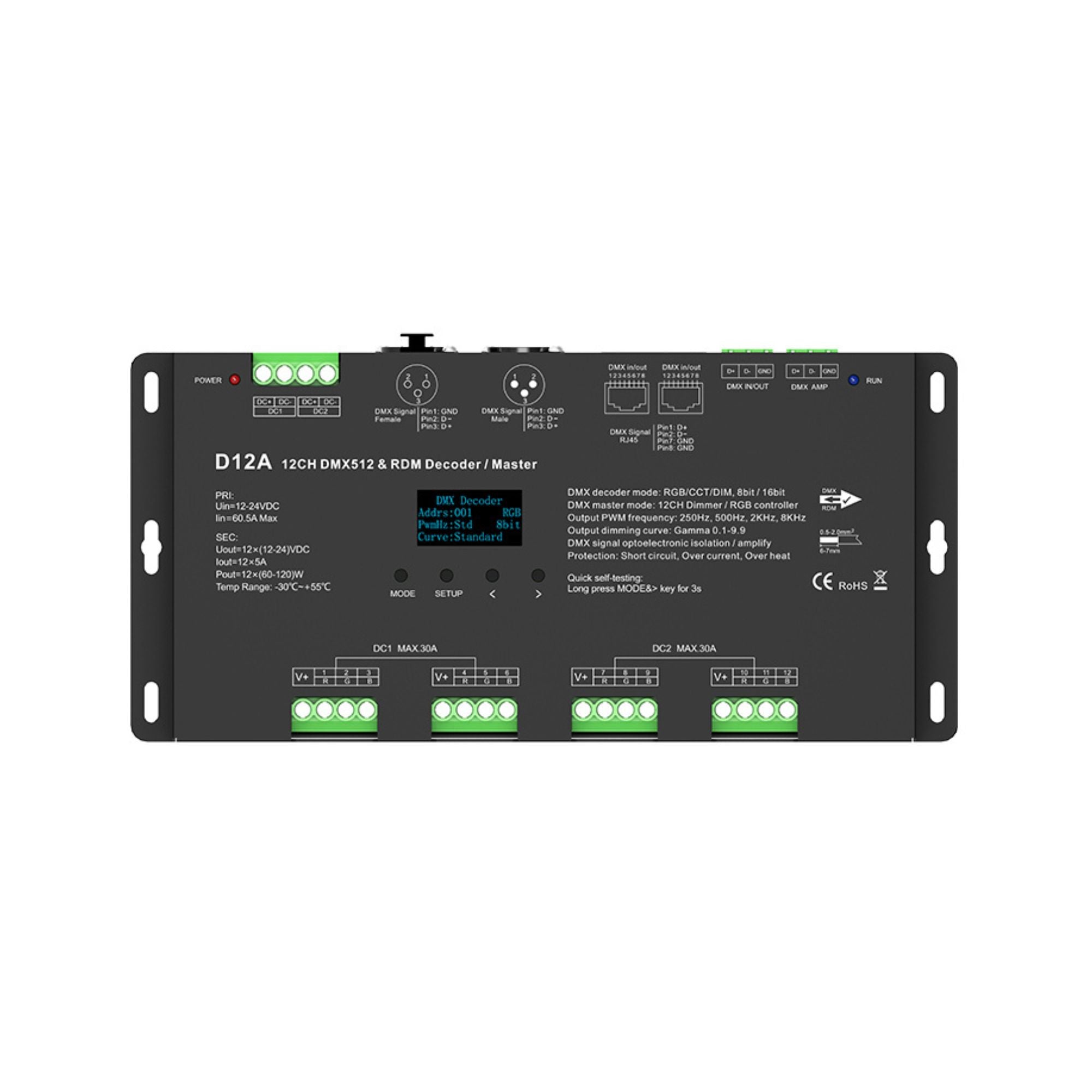 Decodificador DMX512 12-24V DC - 5A/canal - 12 Canales - Pantalla OLED