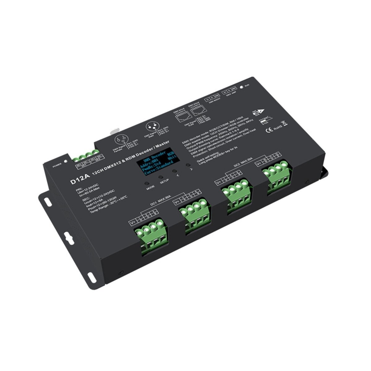Decodificador DMX512 12-24V DC - 5A/canal - 12 Canales - Pantalla OLED - Barcelona Led-Control y regulación